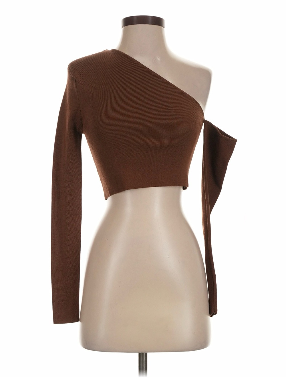 Zara One-Shoulder Brown Crop Top - Asymmetrical Long Sleeve